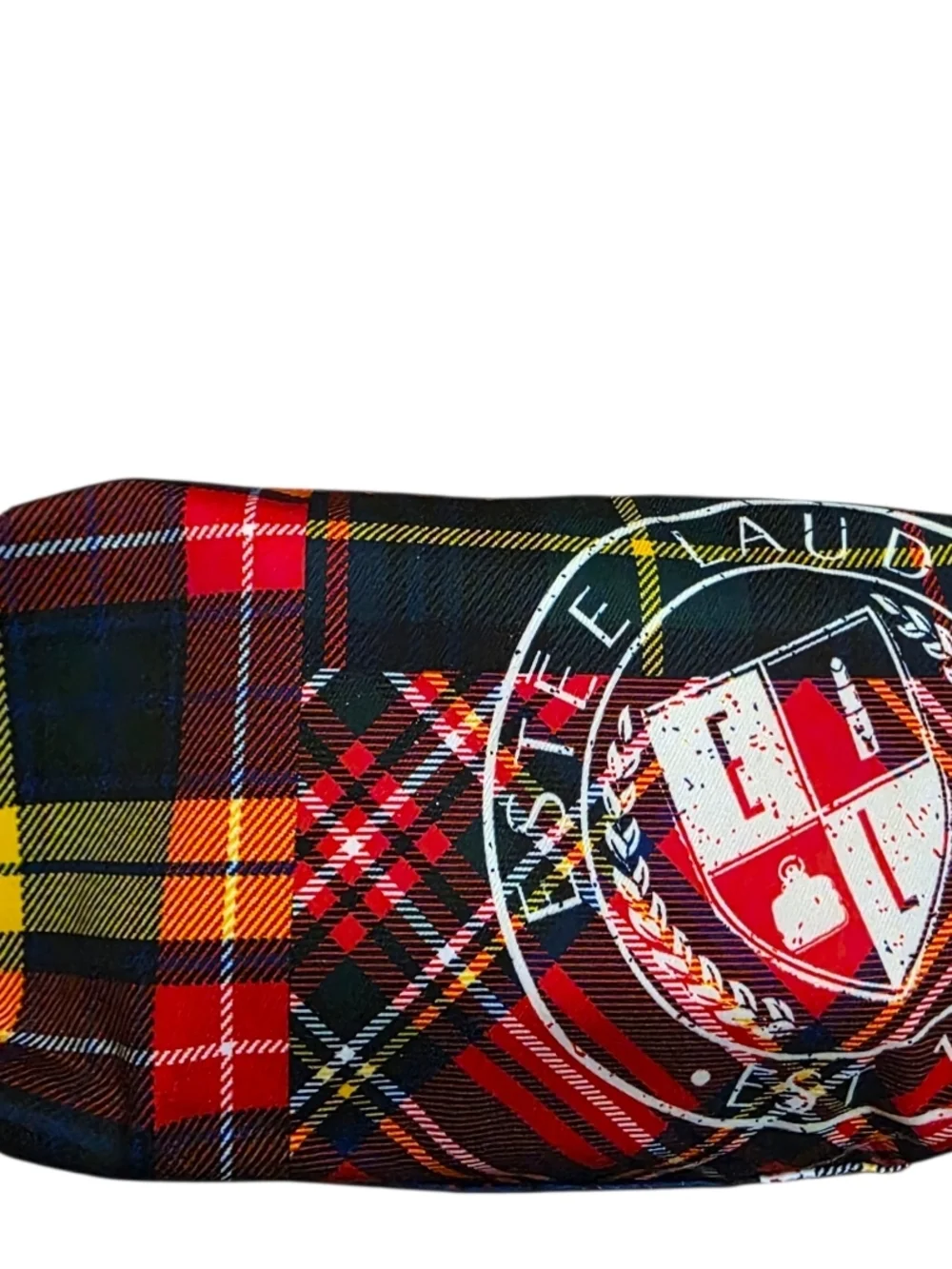 Estee Lauder Plaid Preppy Lined Cosmetic Pouch with Gold Zipper Trim
